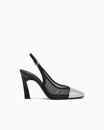 Slingback heels in mesh and suede with a mirrored toe cap