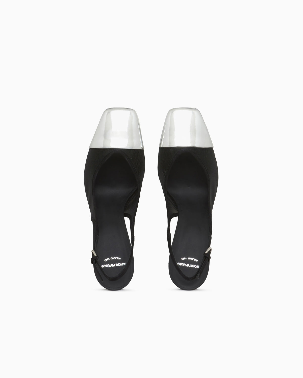 Slingback heels in mesh and suede with a mirrored toe cap