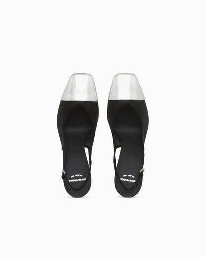 Slingback heels in mesh and suede with a mirrored toe cap
