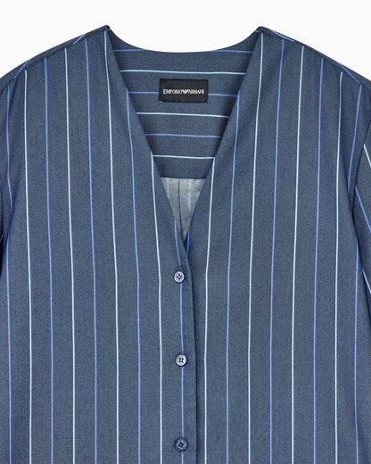 Long-sleeved V-neck shirt in striped jacquard denim