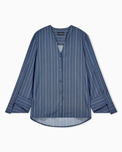 Long-sleeved V-neck shirt in striped jacquard denim