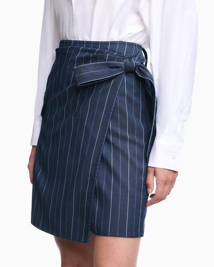 Unlined wrap skirt in striped jacquard denim with a belt