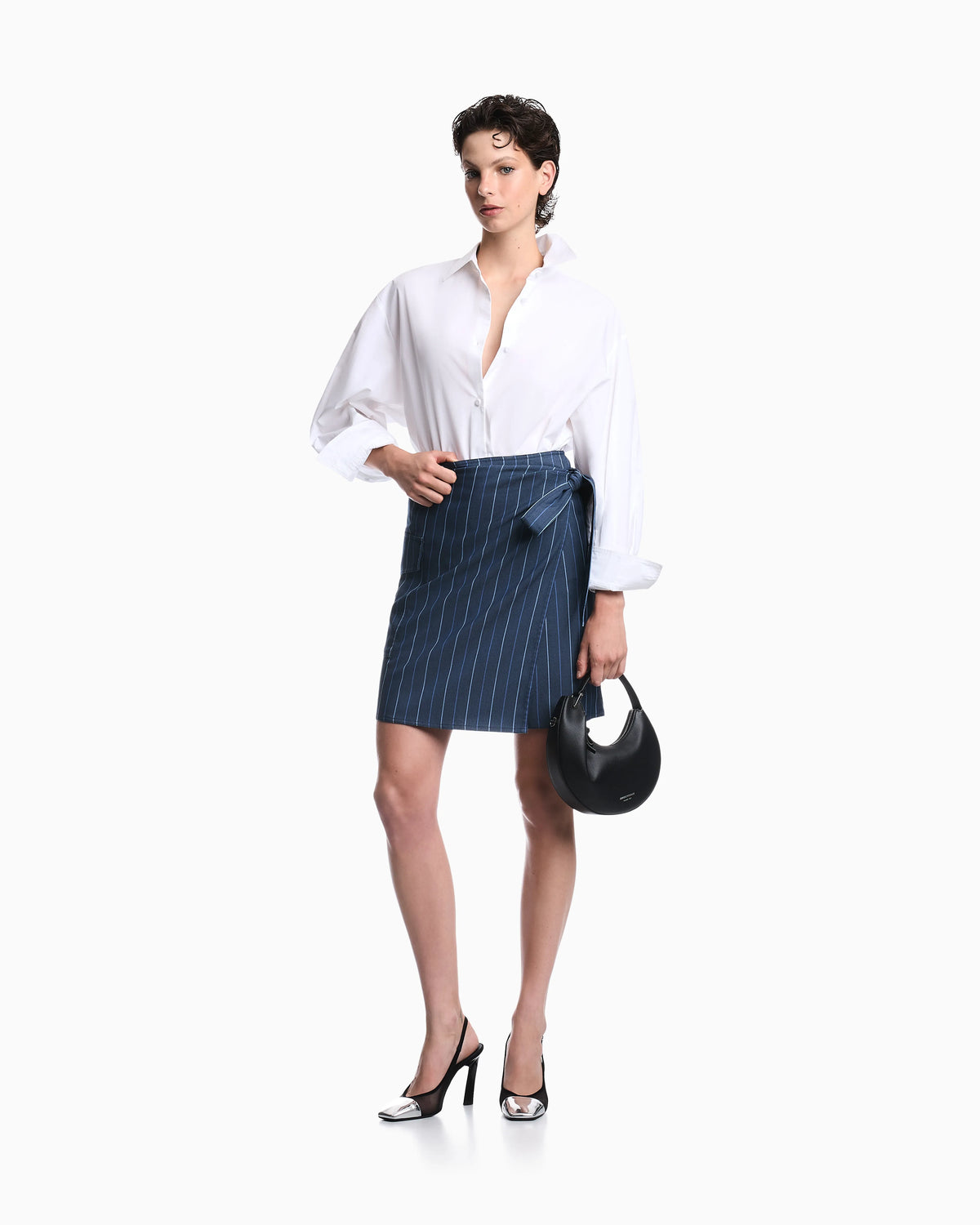 Unlined wrap skirt in striped jacquard denim with a belt