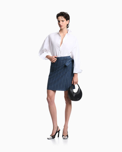 Unlined wrap skirt in striped jacquard denim with a belt