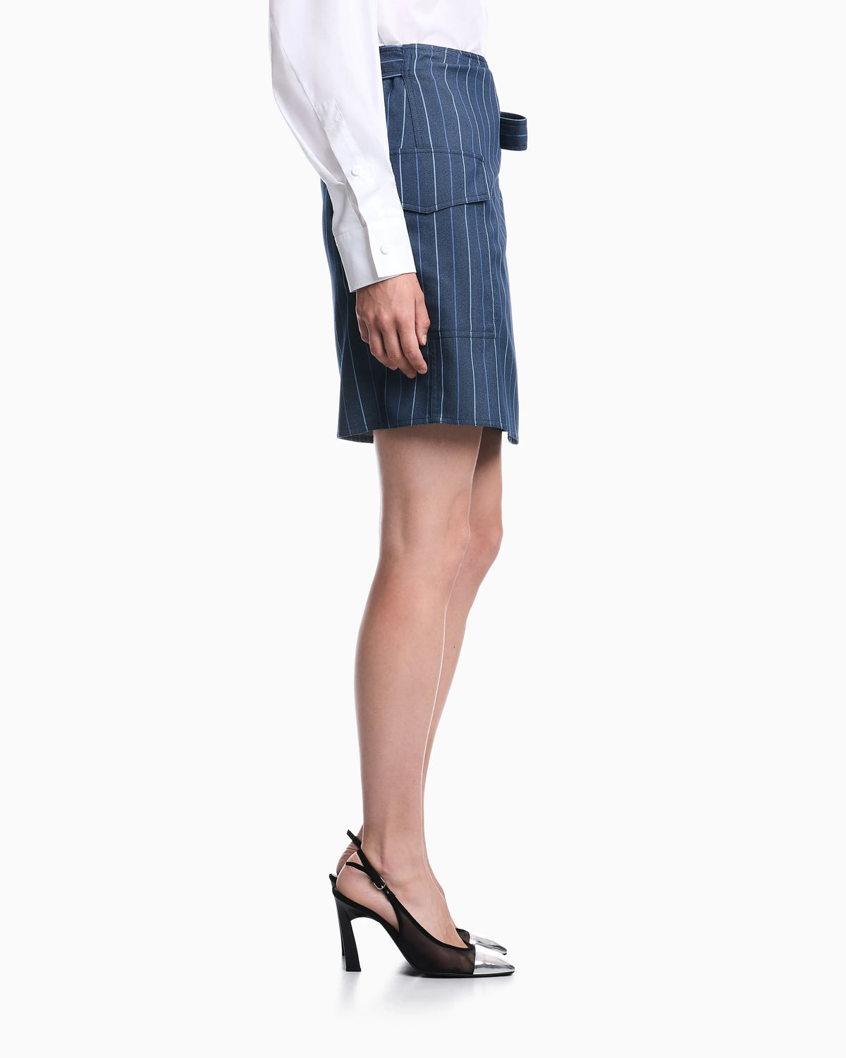 Unlined wrap skirt in striped jacquard denim with a belt