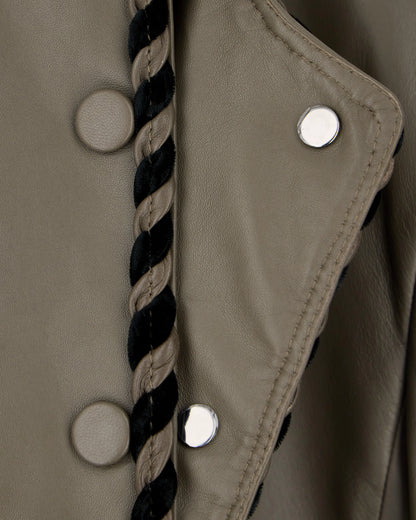 Cropped leather jacket with braided trim and button closure