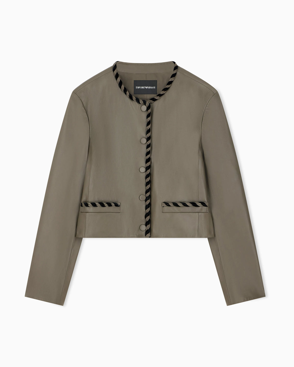 Cropped leather jacket with braided trim and button closure