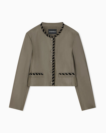 Cropped leather jacket with braided trim and button closure