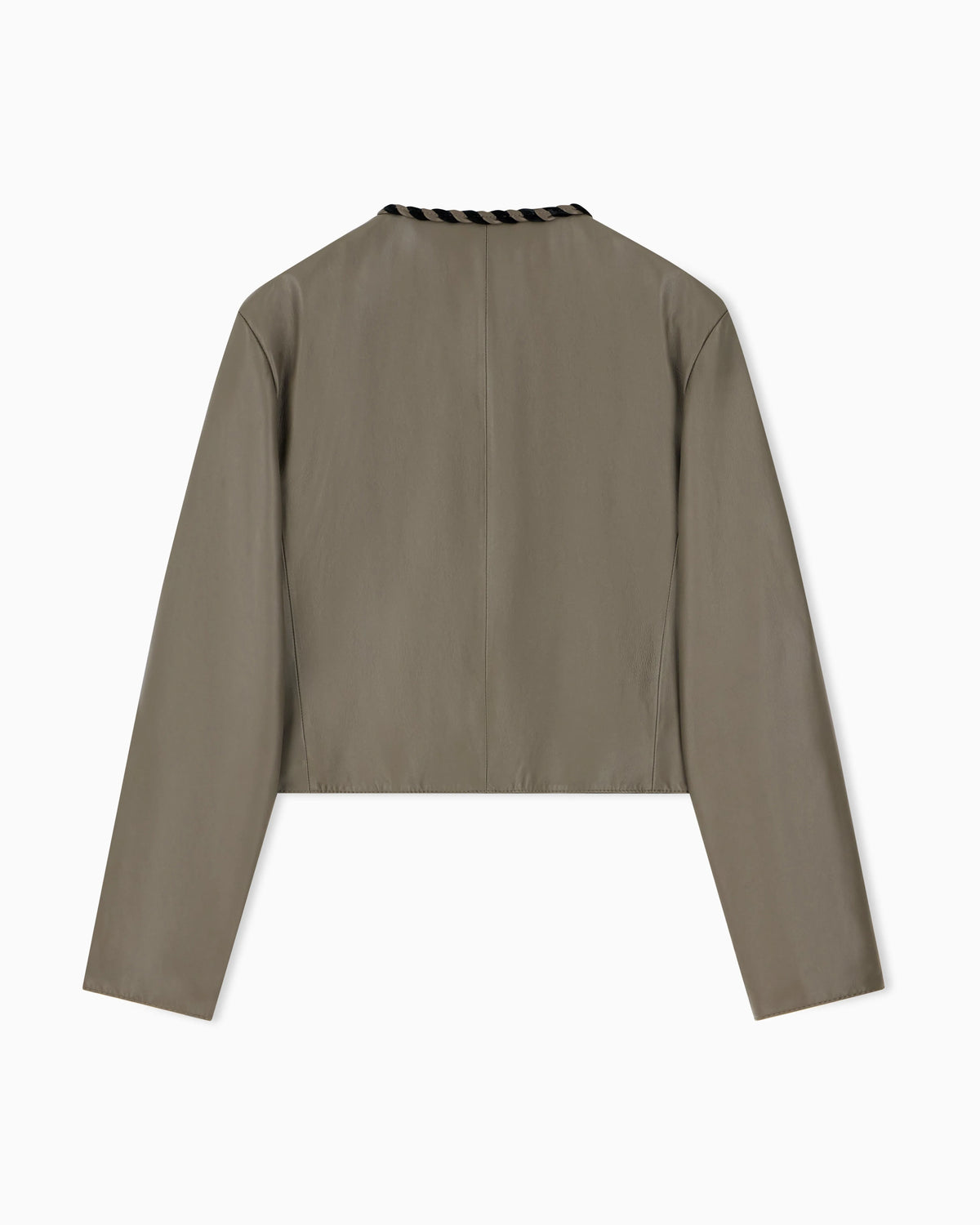 Cropped leather jacket with braided trim and button closure