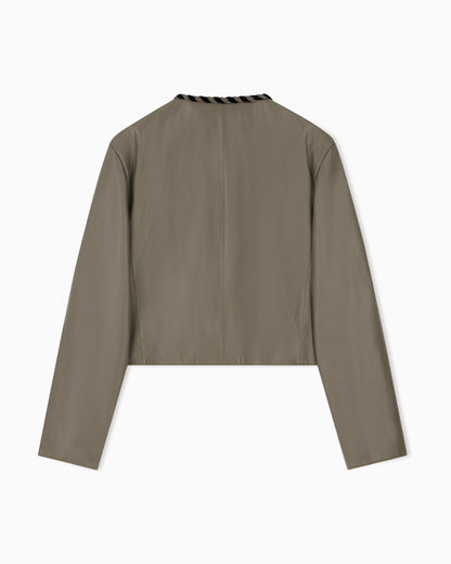 Cropped leather jacket with braided trim and button closure