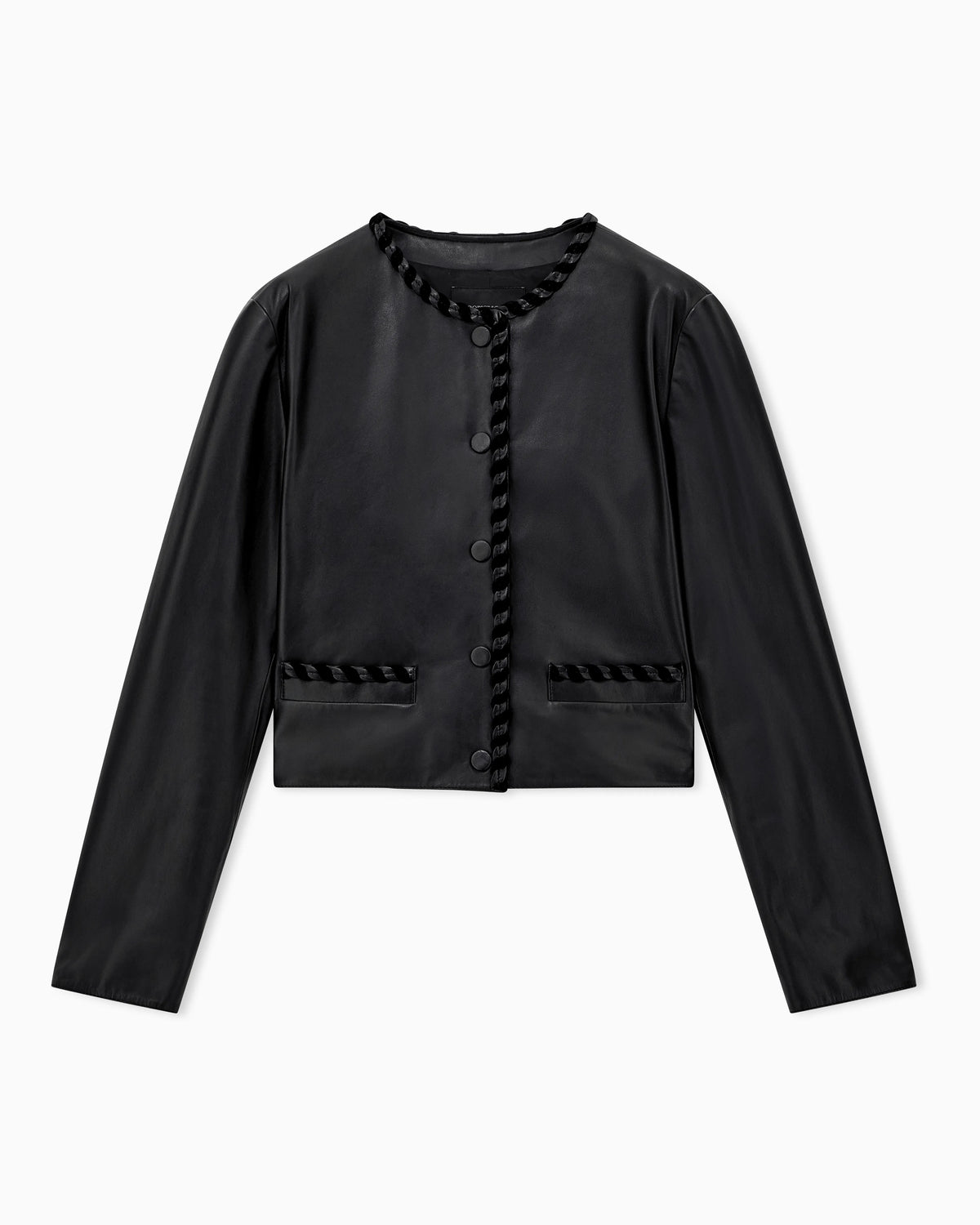 Cropped leather jacket with braided trim and button closure