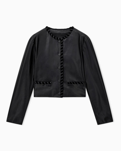Cropped leather jacket with braided trim and button closure