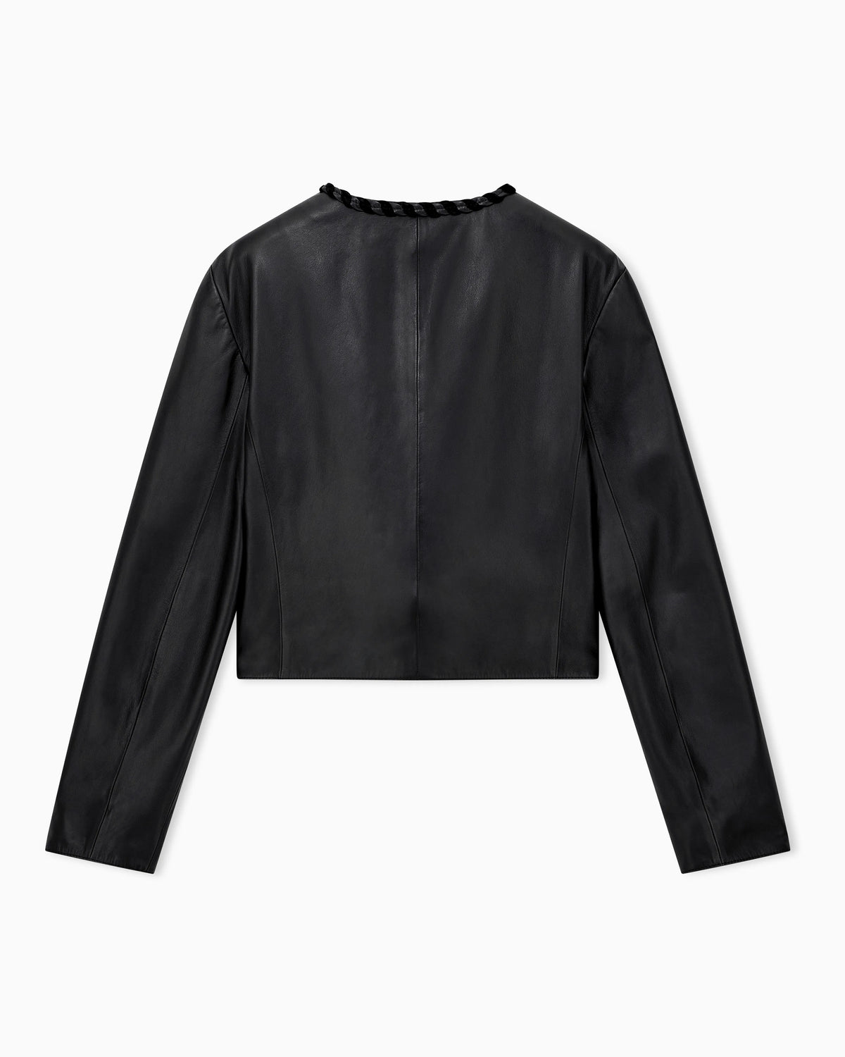 Cropped leather jacket with braided trim and button closure