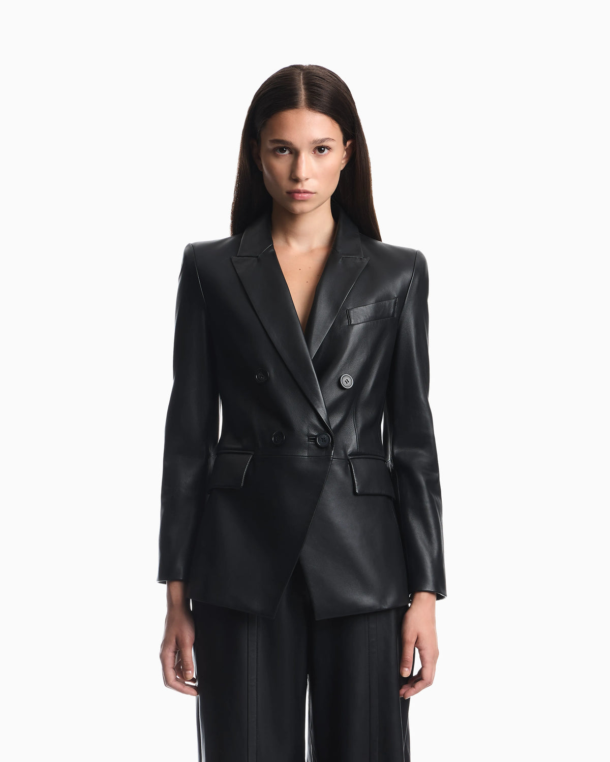 Slim-fit double-breasted blazer in semi-glossy leather