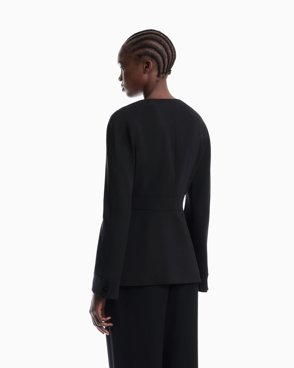 Belted blazer in stretch virgin wool with a round neckline