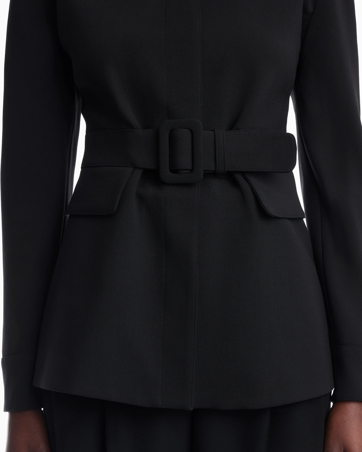 Belted blazer in stretch virgin wool with a round neckline