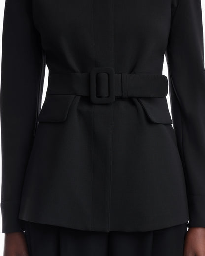 Belted blazer in stretch virgin wool with a round neckline