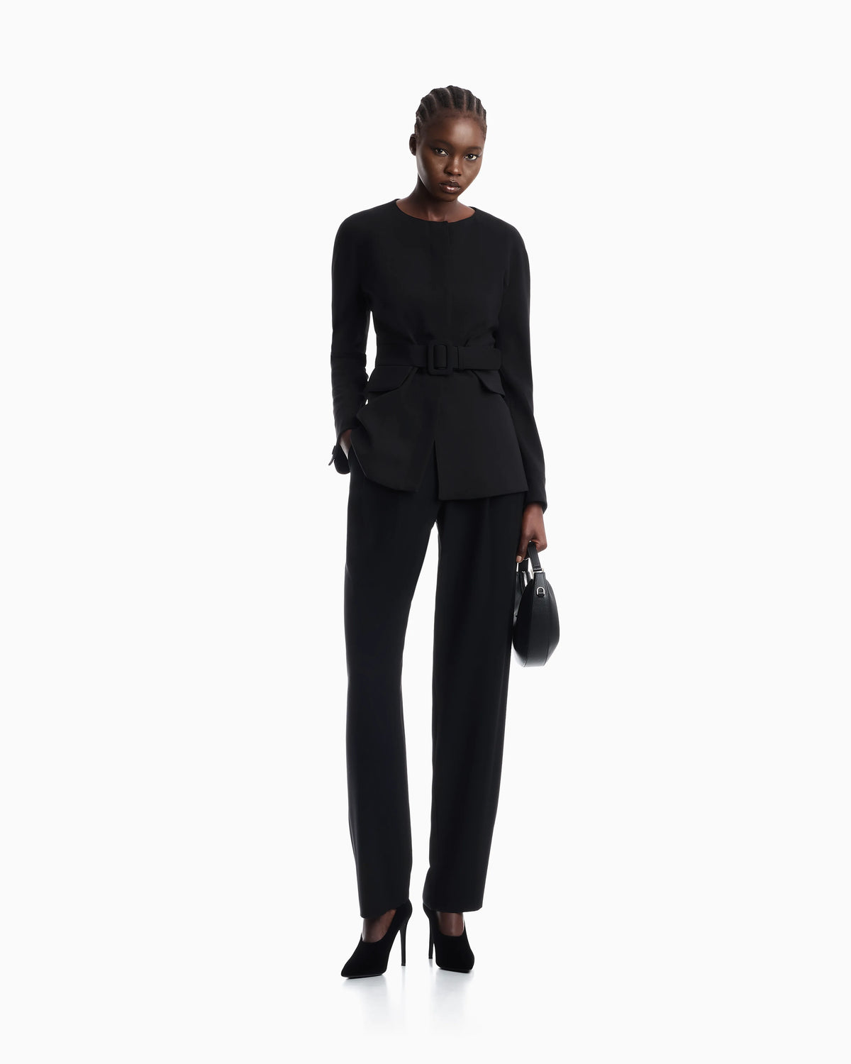 Belted blazer in stretch virgin wool with a round neckline