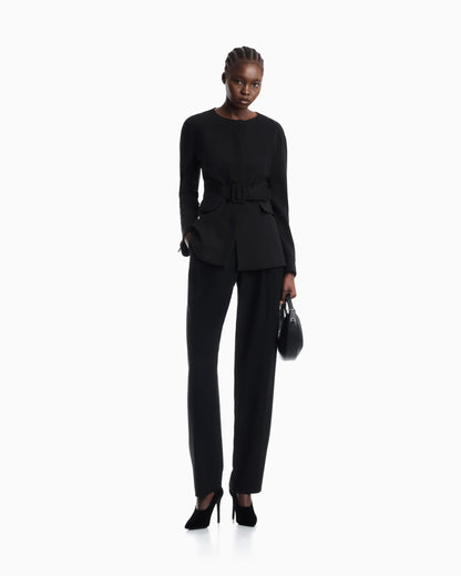 Belted blazer in stretch virgin wool with a round neckline
