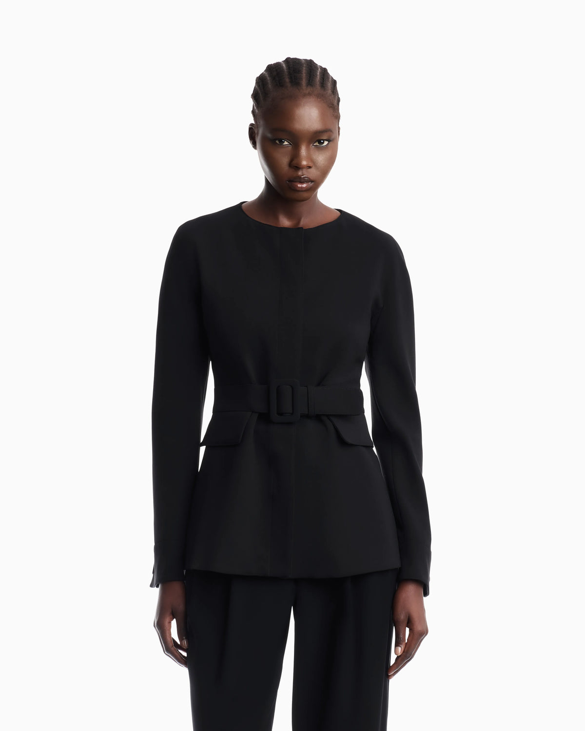 Belted blazer in stretch virgin wool with a round neckline