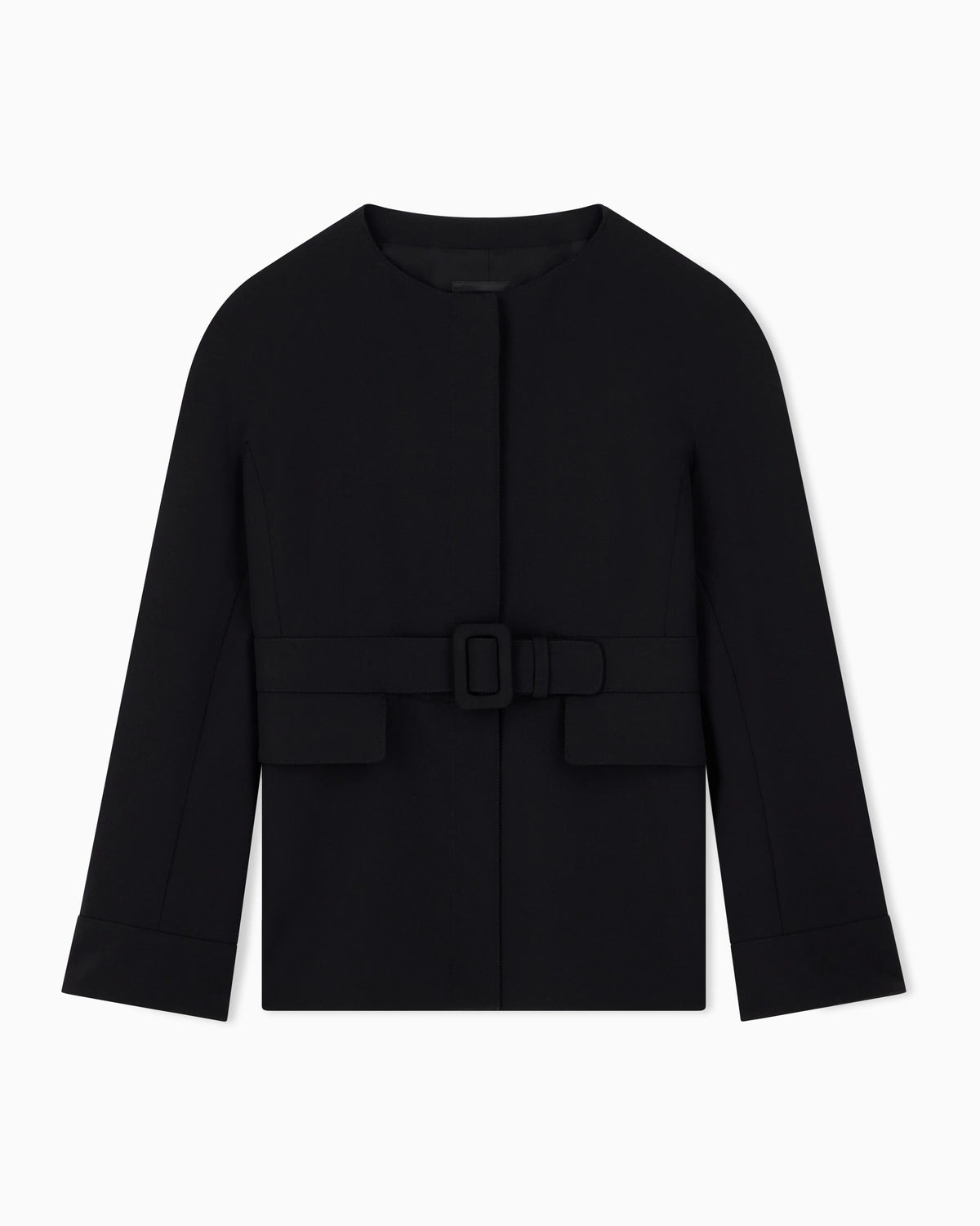 Belted blazer in stretch virgin wool with a round neckline
