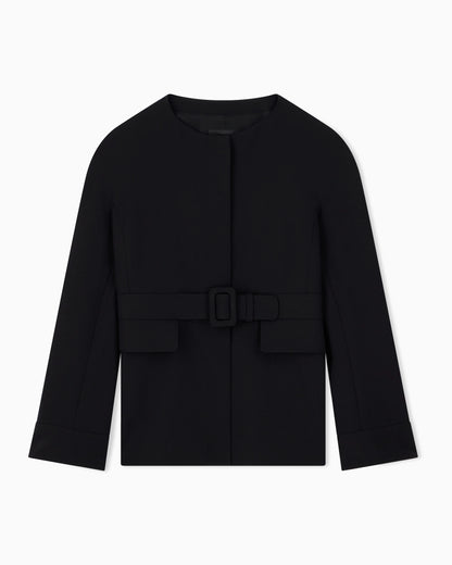 Belted blazer in stretch virgin wool with a round neckline