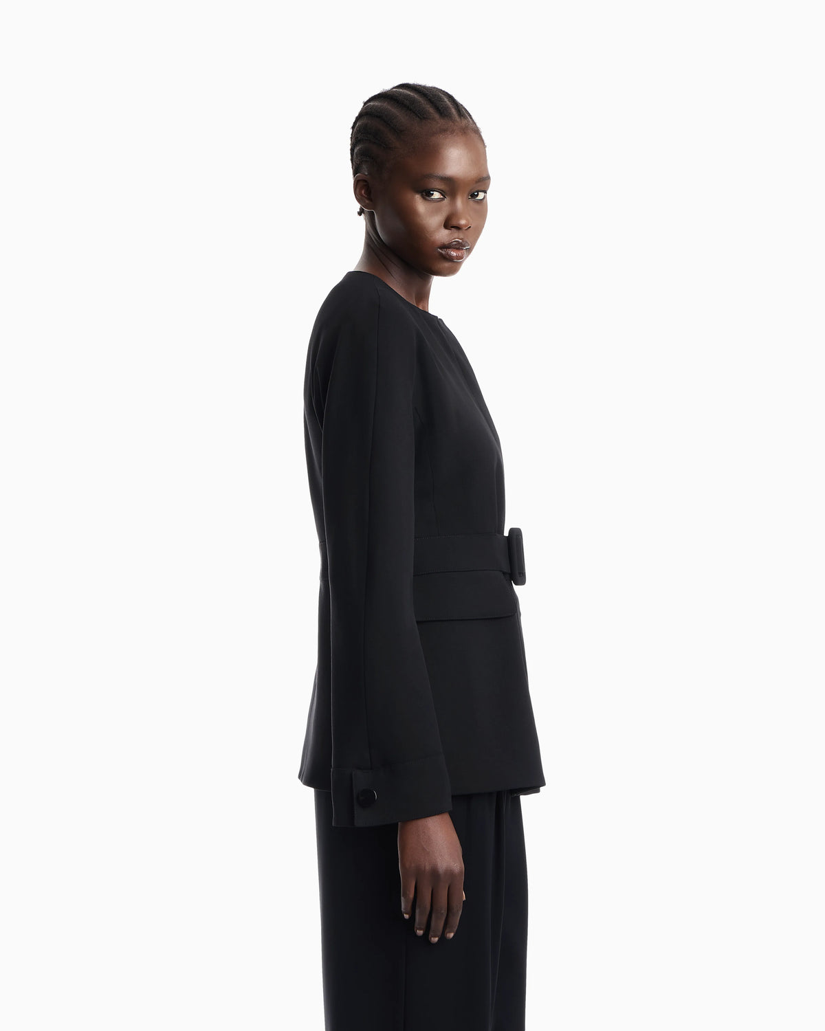 Belted blazer in stretch virgin wool with a round neckline