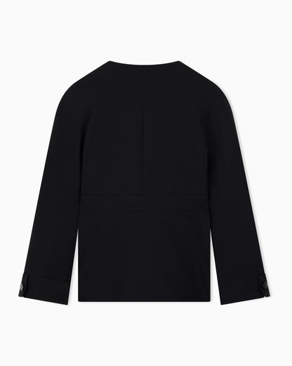 Belted blazer in stretch virgin wool with a round neckline
