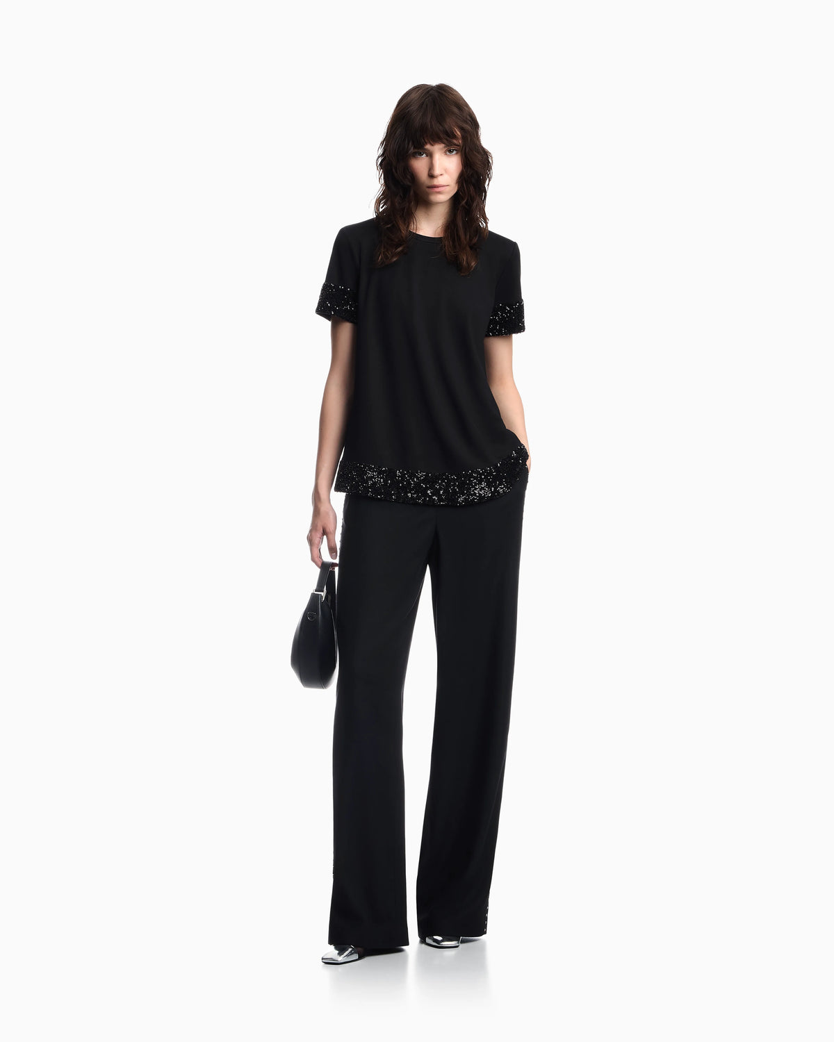 Wide-leg trousers in mixed wool with metallic side studs