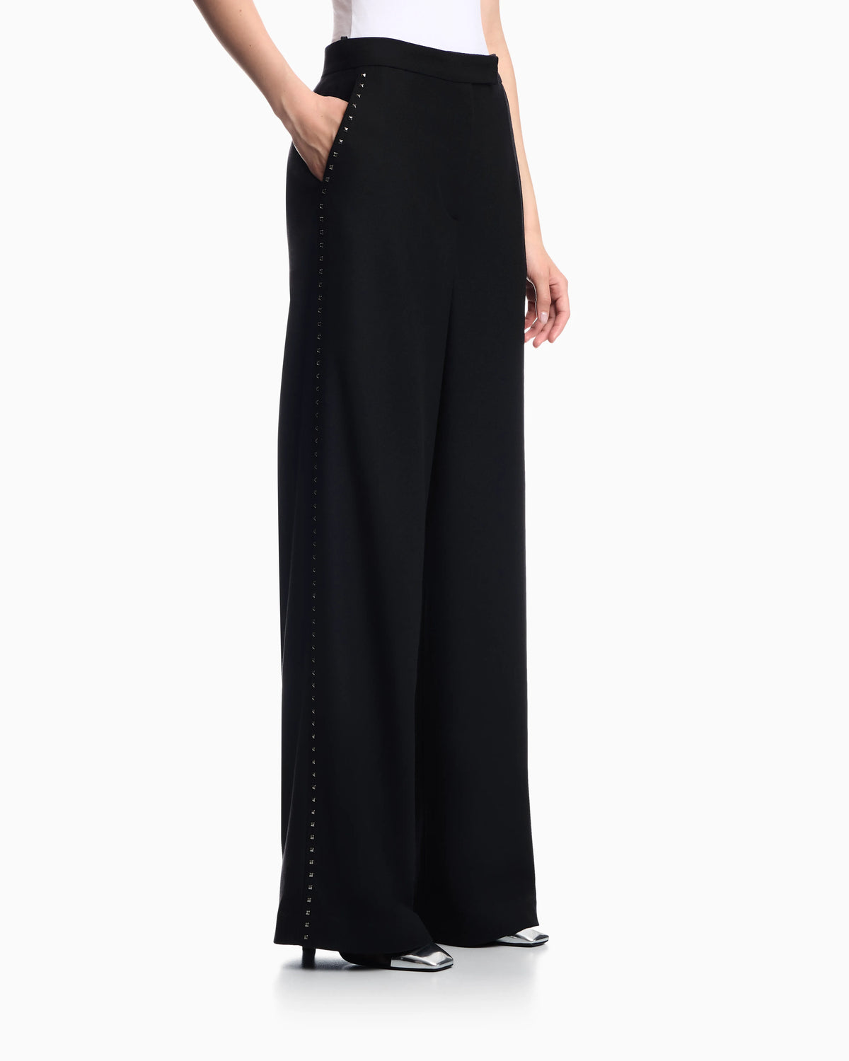 Wide-leg trousers in mixed wool with metallic side studs