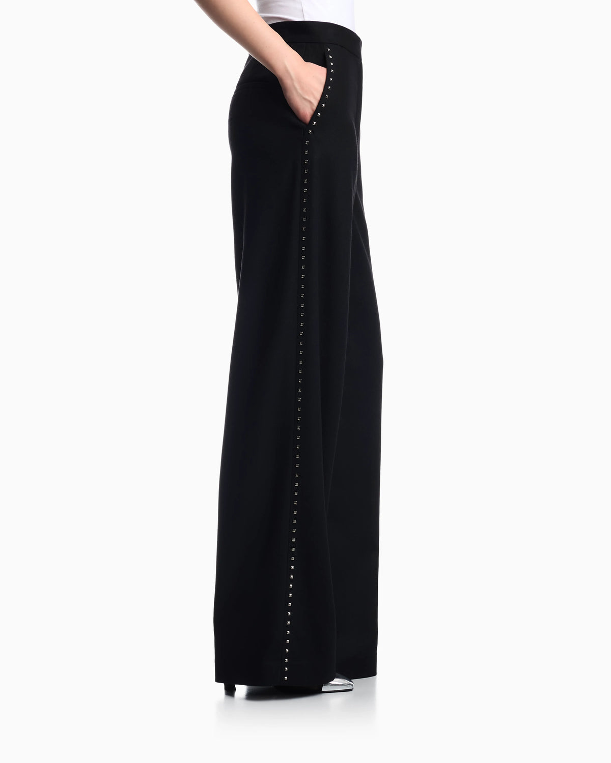 Wide-leg trousers in mixed wool with metallic side studs