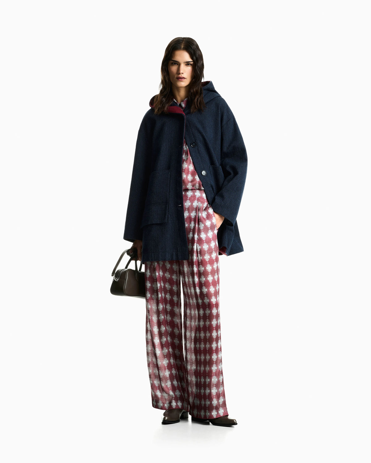 Wide-leg trousers in printed check modal and cashmere blend