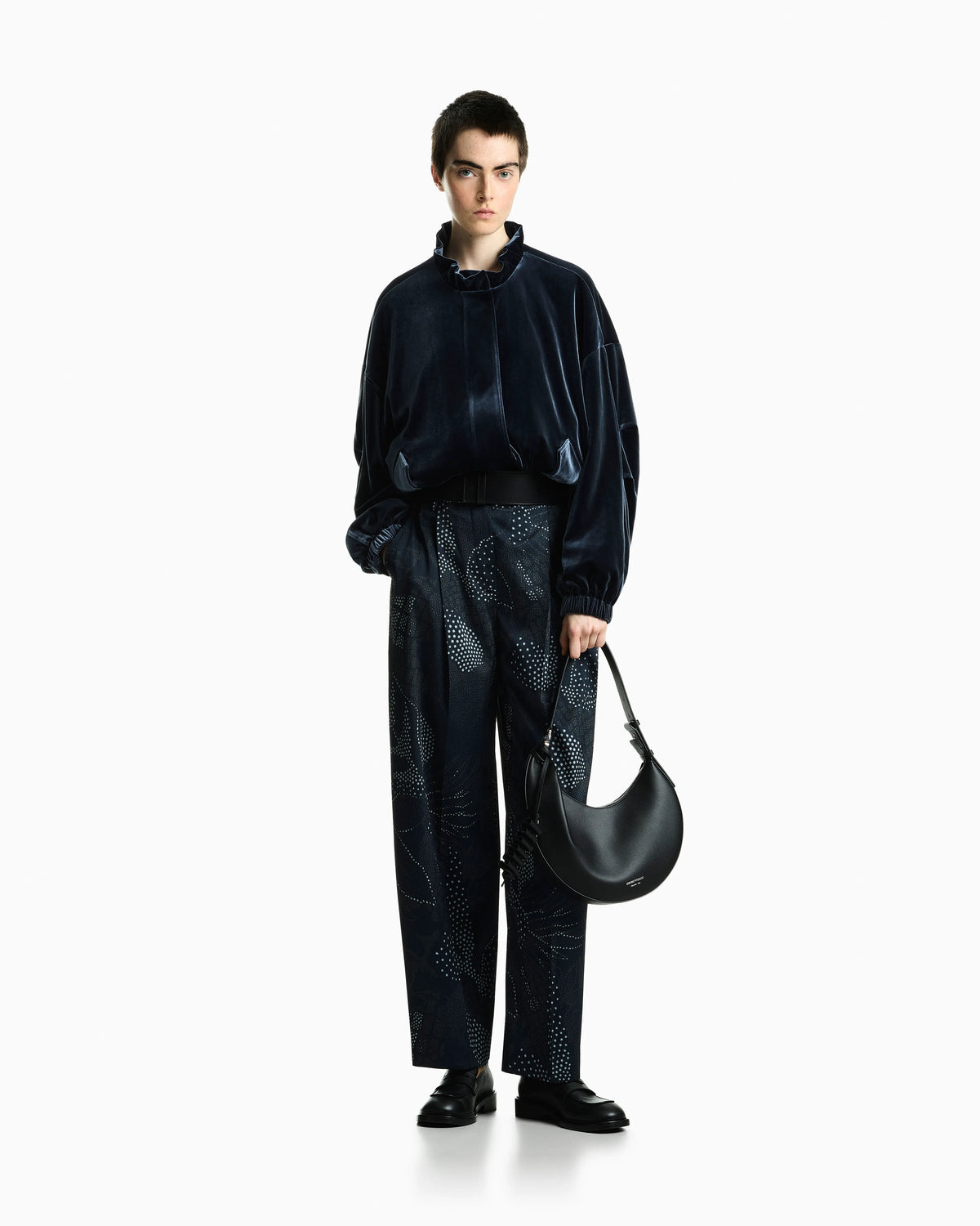 Wide-leg pleated creponne trousers with a floral dot print