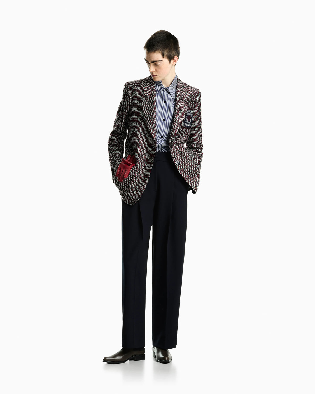 Basket weave lurex blazer with an embroidered chest crest