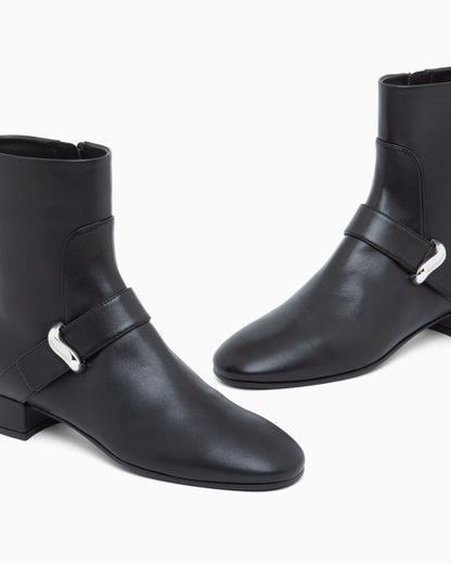 Nappa leather ankle boots with a side zip and metal buckle