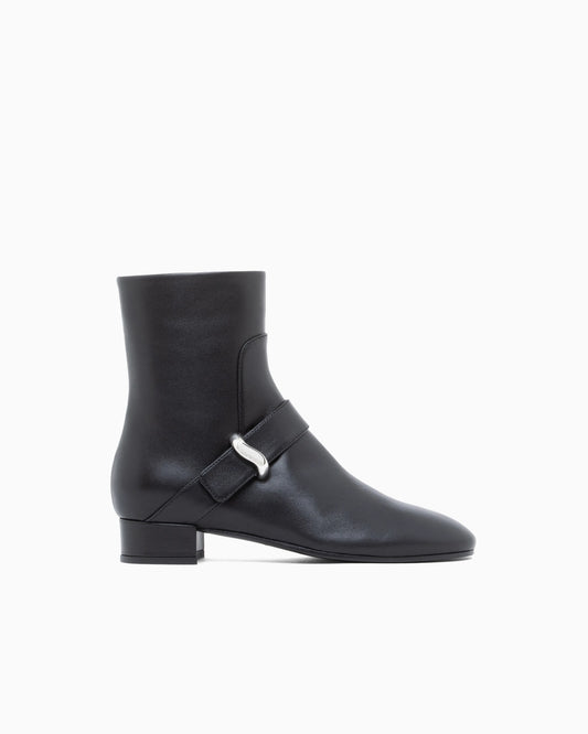 Nappa leather ankle boots with a side zip and metal buckle