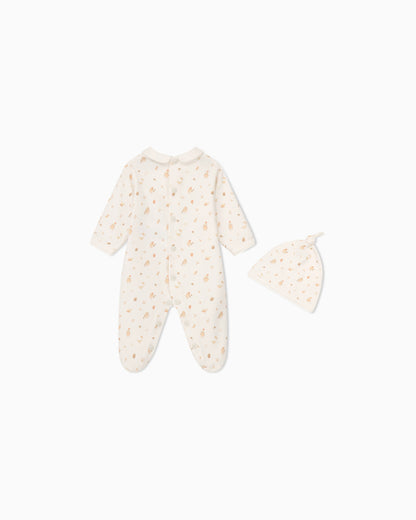 Cotton onesie and knotted hat set with animal print