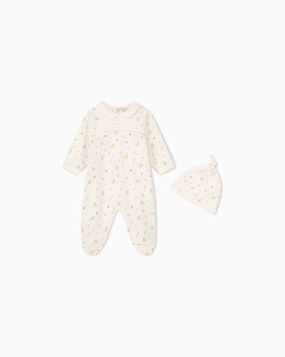 Cotton onesie and knotted hat set with animal print