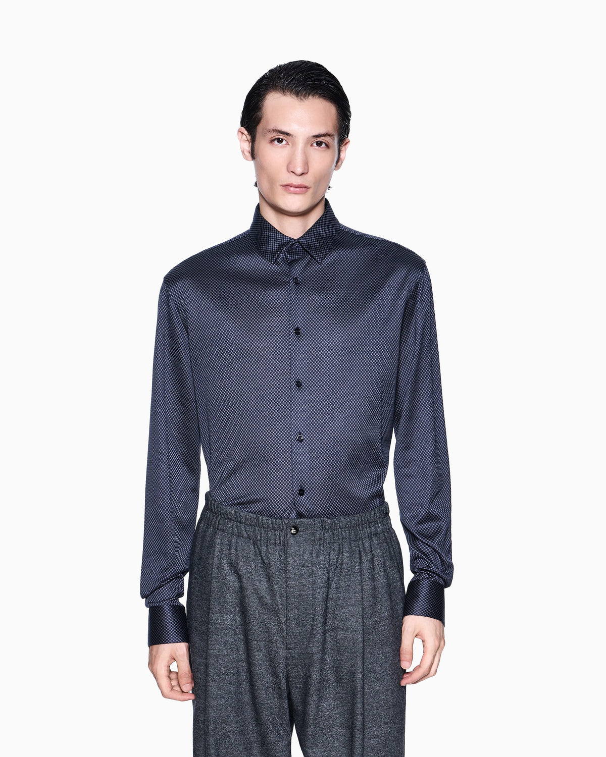 Slim-fit micro-jacquard silk and cotton jersey shirt