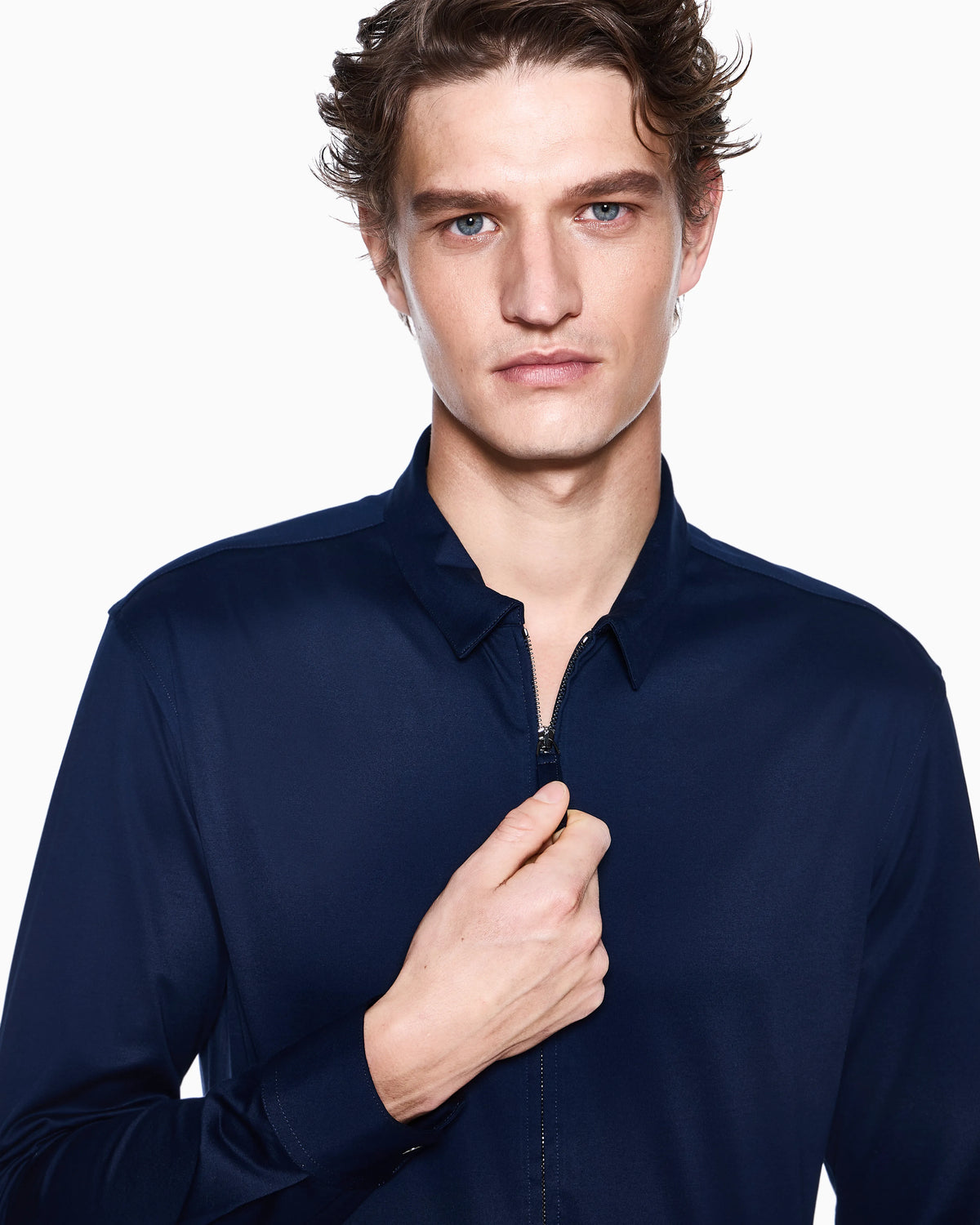 Zip-up cotton jersey shirt with snap-button cuffs