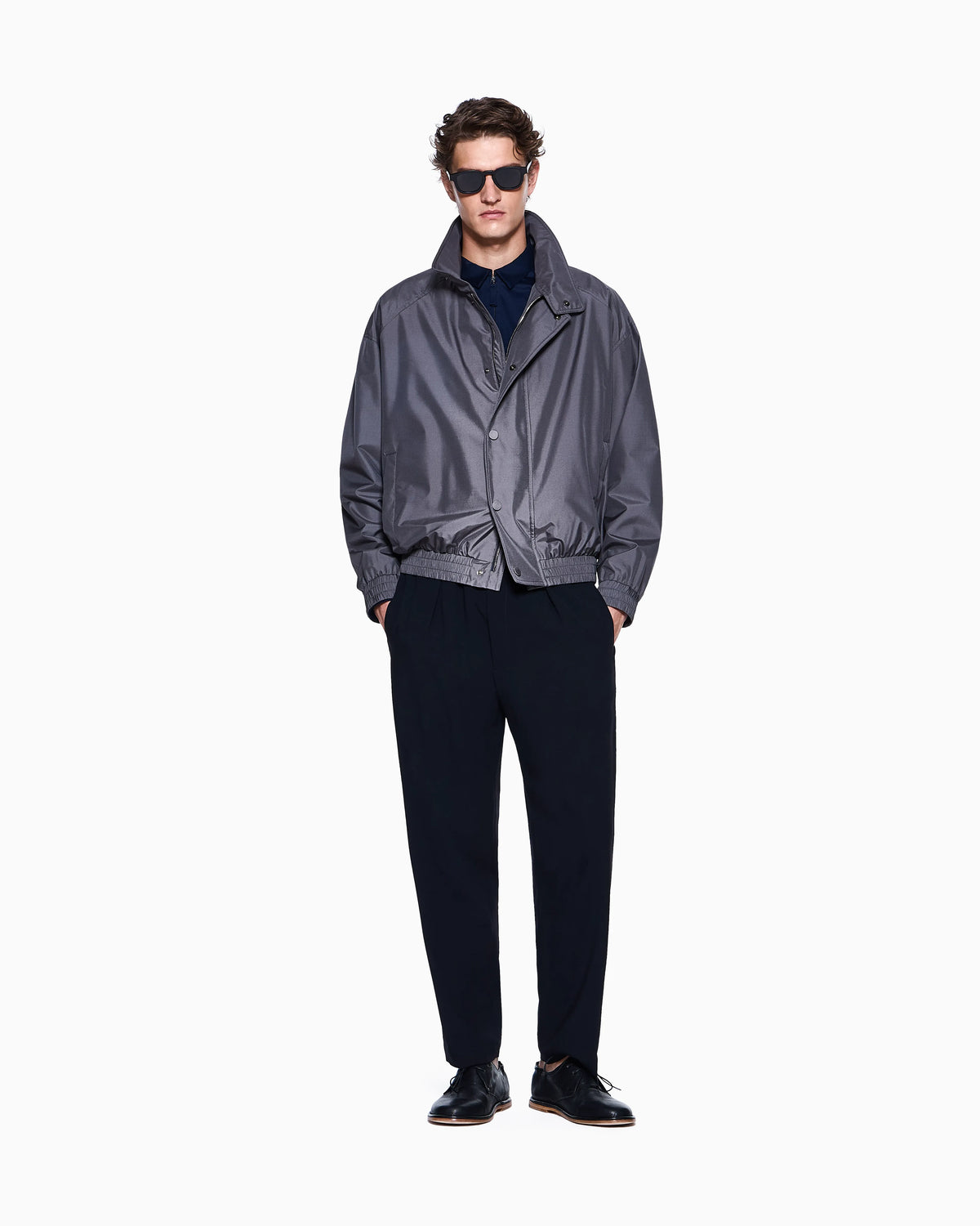 Zip-up cotton jersey shirt with snap-button cuffs