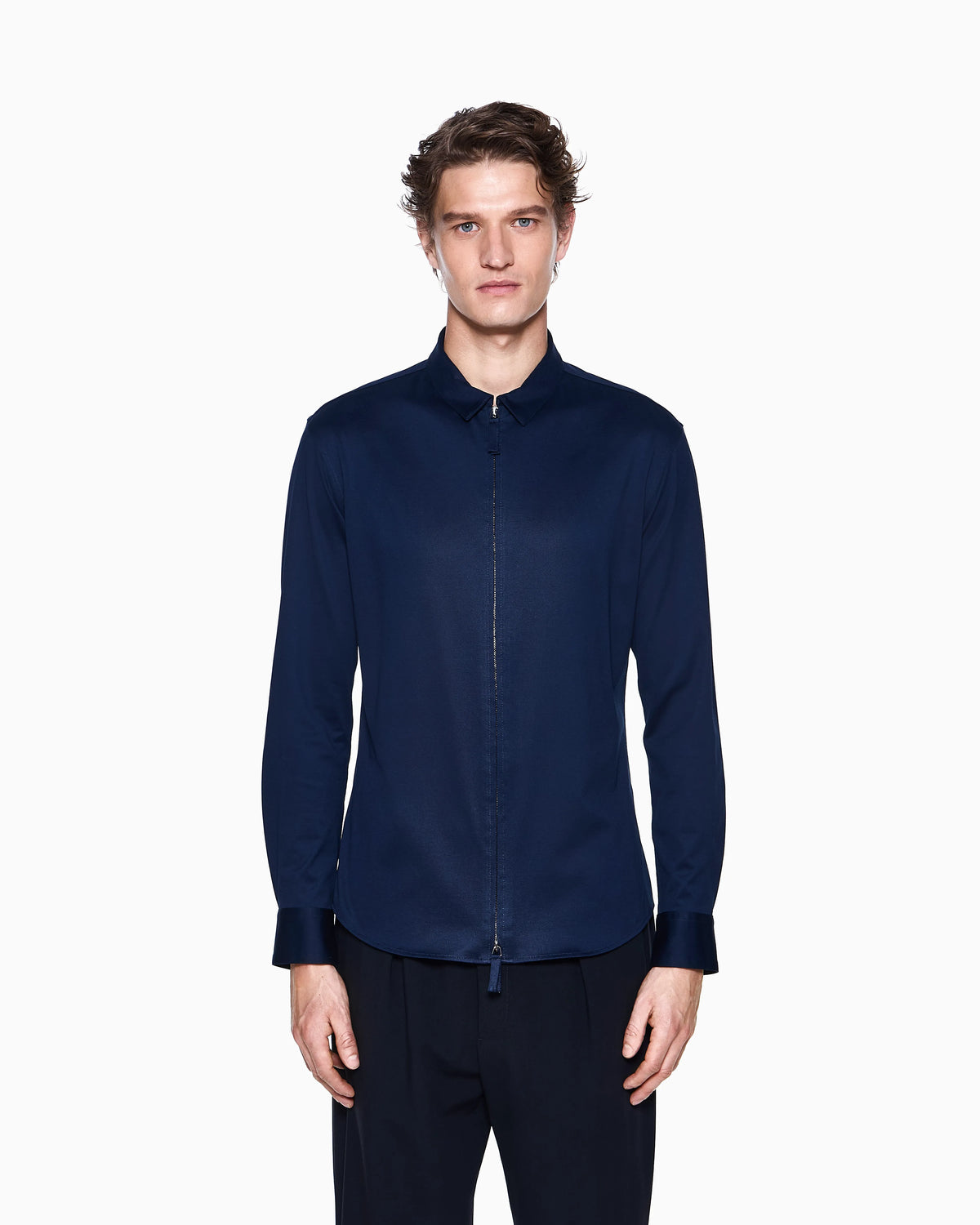 Zip-up cotton jersey shirt with snap-button cuffs