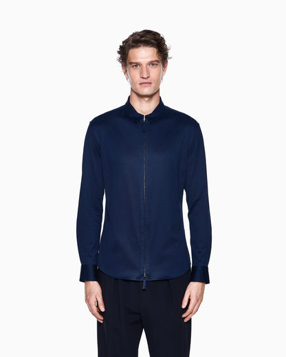 Zip-up cotton jersey shirt with snap-button cuffs
