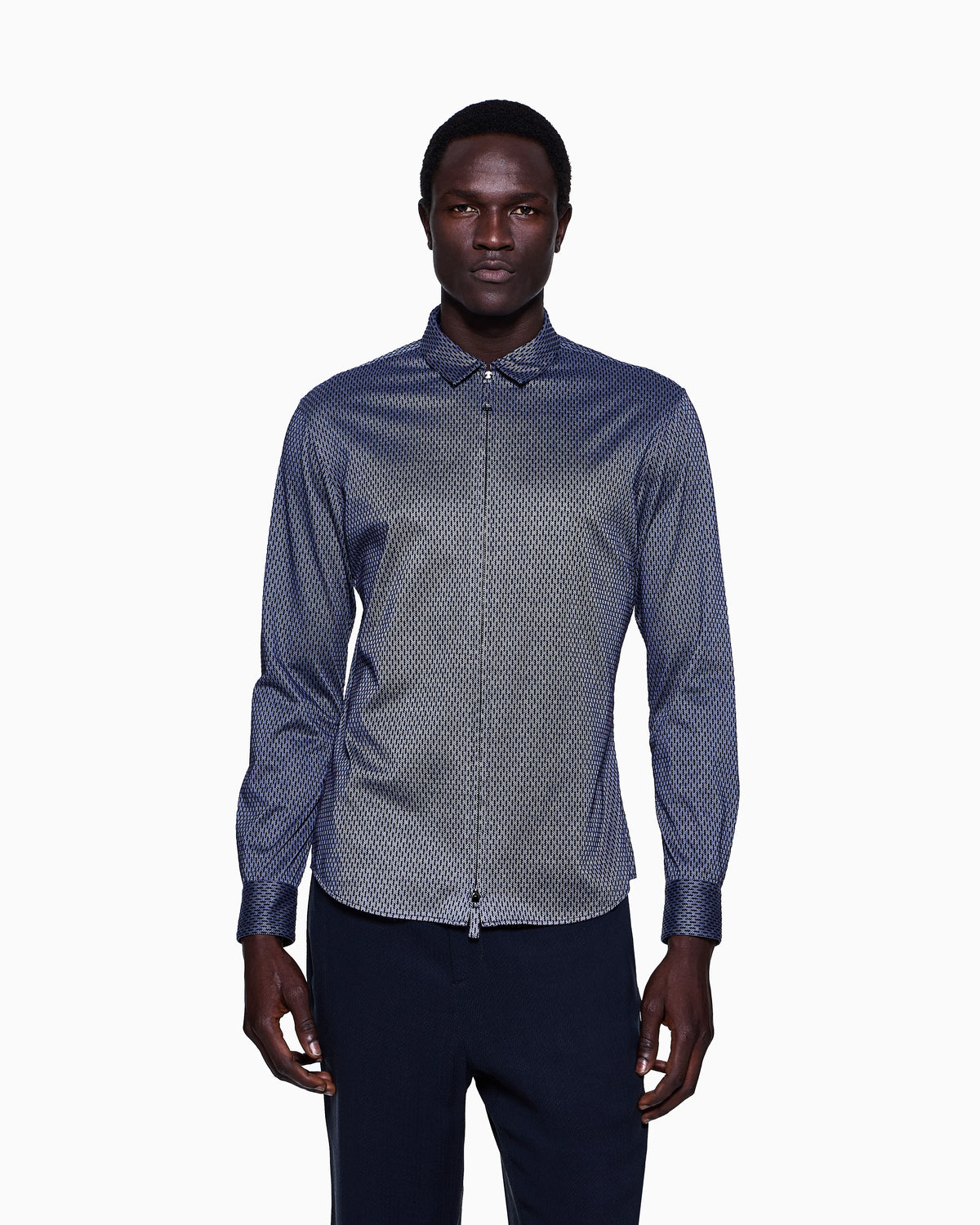 Slim-fit zipped shirt in cotton with flocked geometric motif