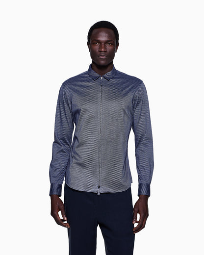 Slim-fit zipped shirt in cotton with flocked geometric motif