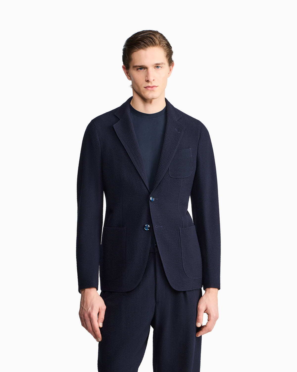 Upton line single-breasted jacket in virgin wool and cashmere seersucker