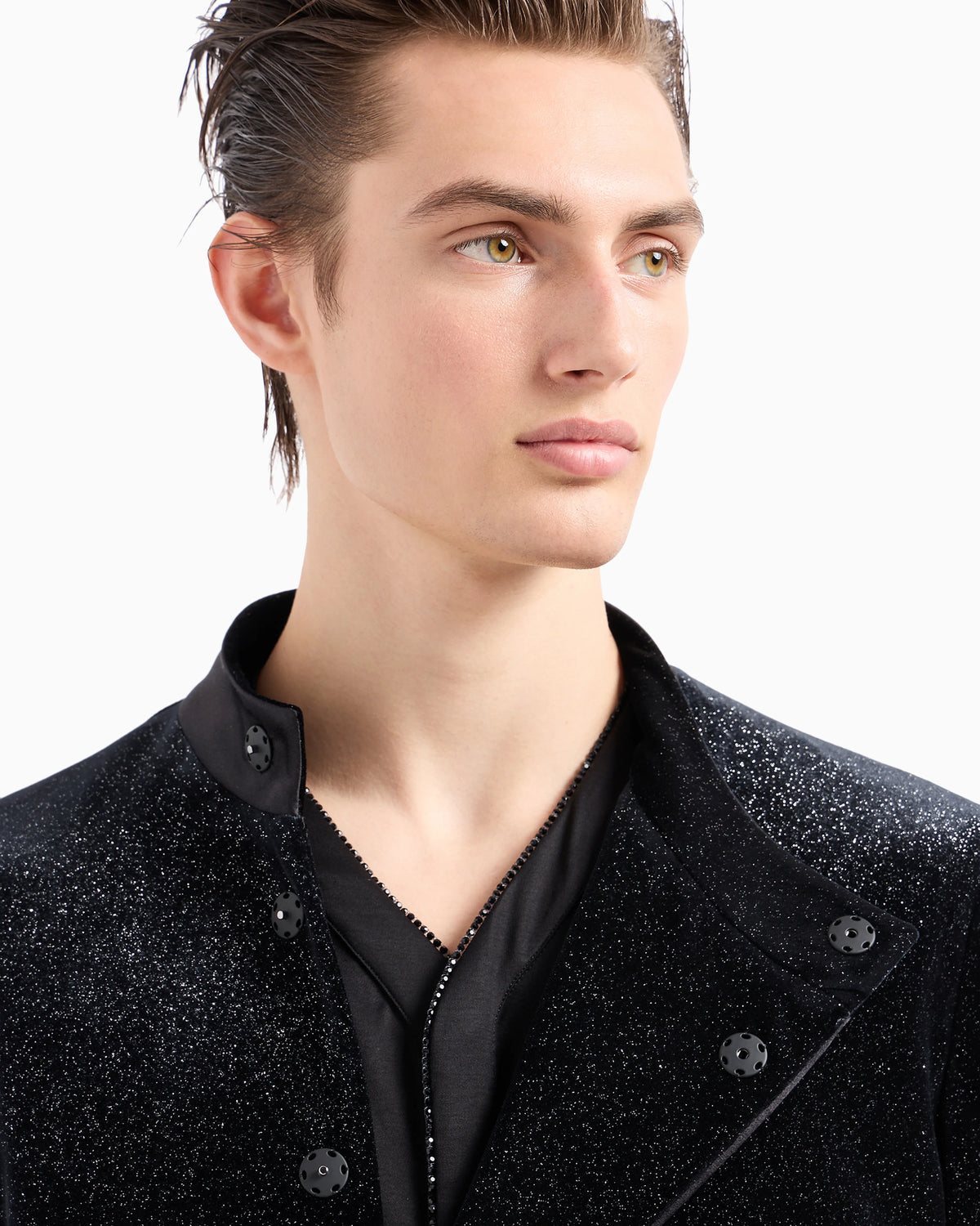 Giorgio's silk interlock shirt with rhinestone piping