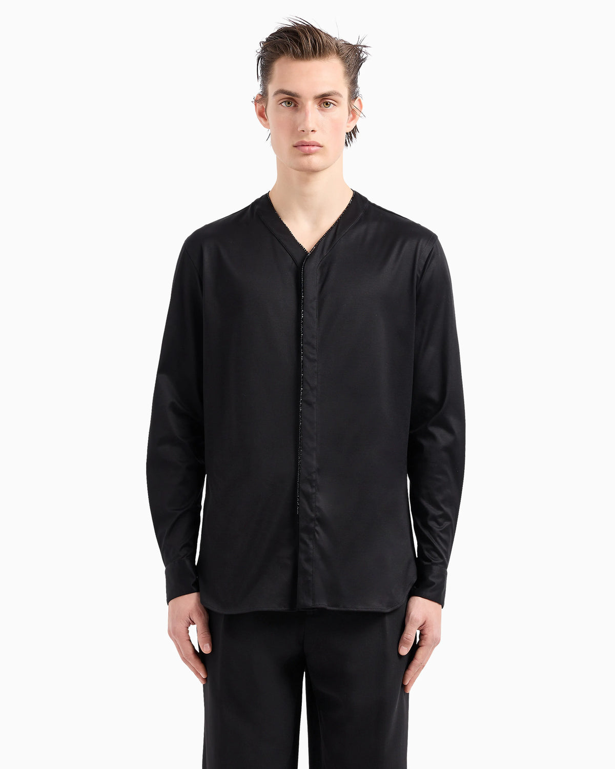 Giorgio's silk interlock shirt with rhinestone piping