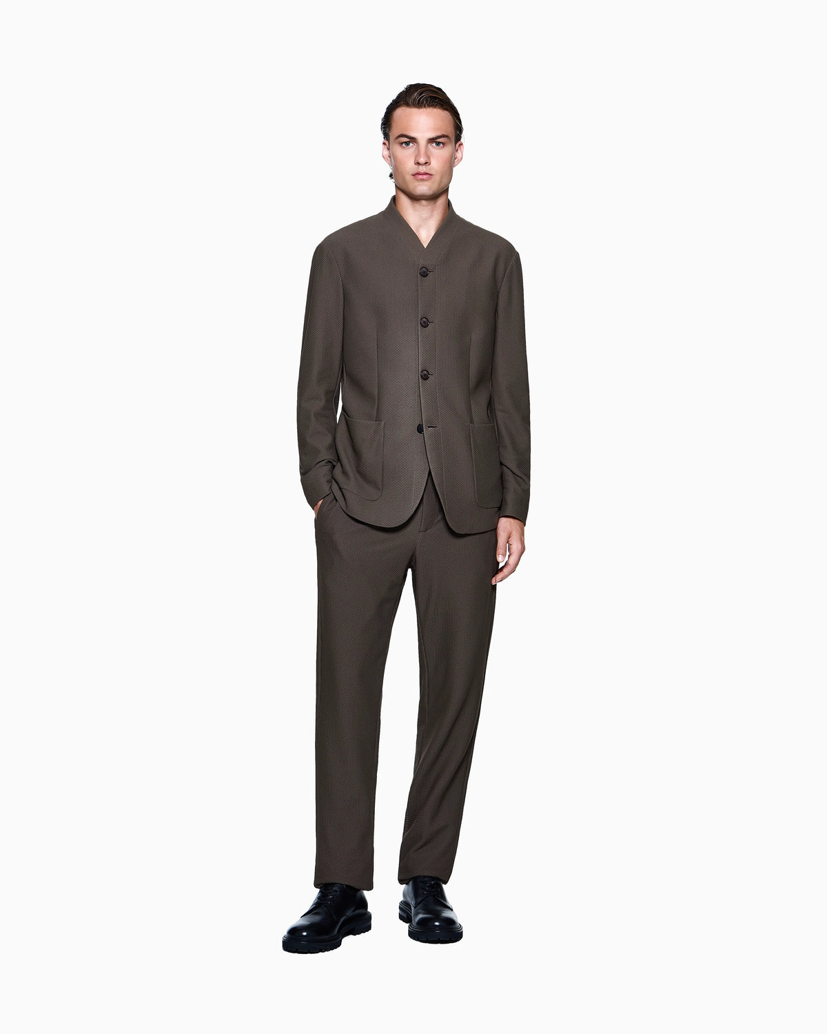 Flat front trousers in a technical gaufré honeycomb fabric