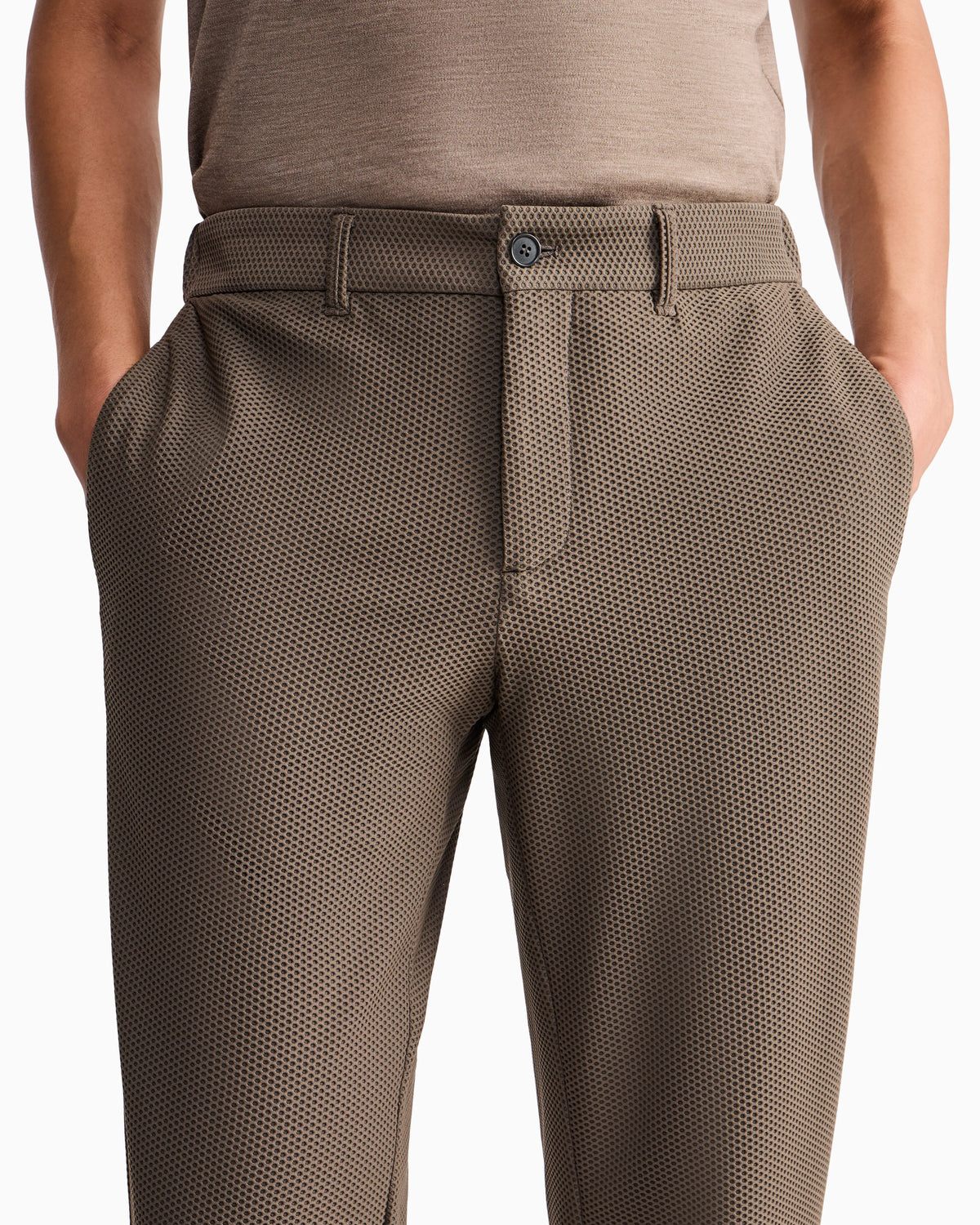 Flat front trousers in a technical gaufré honeycomb fabric